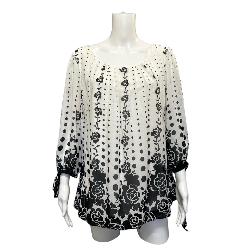 Roz & Ali Black White Floral Polka Dot Lined Plus Size 1X
